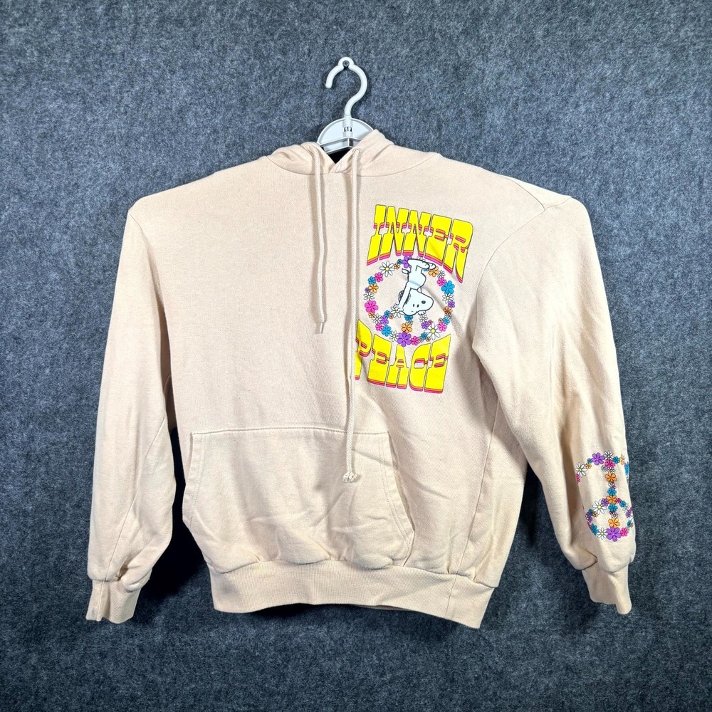 Peanuts Snoopy Inner Peace Graphic Hoodie Sweatshirt Beige Womens M